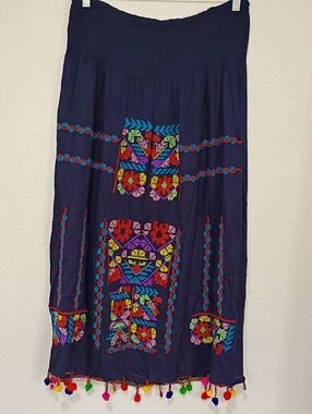 Embroidered Navy Maxi Skirt with Colorful Pom Trim